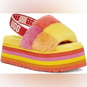 Women’s UGG Disco Checker Colorful Fluffy Slippers - Yellow, Orange, Pink Size 8